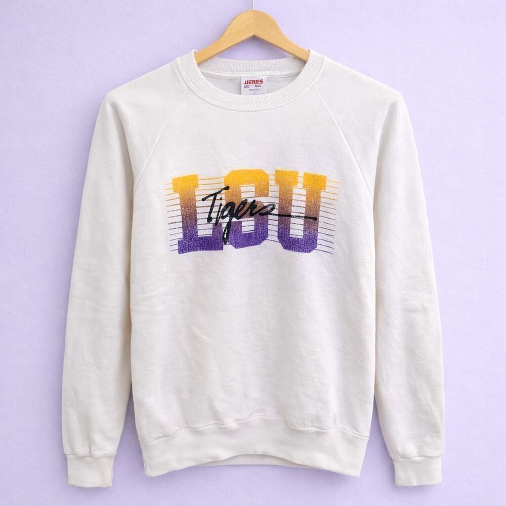 Vintage LSU Tigers Jerzees White Crewneck Pullover Graphic Sweatshirt Small USA